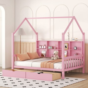 Wooden Full Size House Bed with 2 Drawers, Kids Bed with Storage Shelf, Pink WF301459AAH