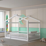 Full Size Wood Bed House Bed Frame with Fence, for Kids, Teens, Girls, Boys,White