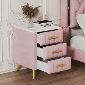 Upholstered Wooden Nightstand with 3 Drawers and Metal Legs&Handles,Fully assembled Except Legs&Handles,Bedside Table with Marbling Worktop - Pink WF303285AAA