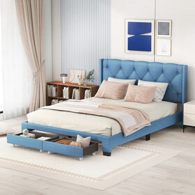 Queen Size Storage Bed Linen Upholstered Platform Bed with Two Drawers - Blue