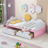 Twin Size Bed with Clouds and Sunflower Decor, Platform Bed with 2 Drawers (White+Pink)