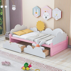 Twin Size Bed with Clouds and Sunflower Decor, Platform Bed with 2 Drawers (White+Pink)