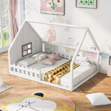 Full Size Wood House Bed with Window and Fence, White WF304147AAK