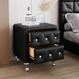 Elegant PU Nightstand with 2 Drawers and Crystal Handle,Fully assembled Except Legs&Handles,Storage Bedside Table with Metal Legs - Black WF305129AAB