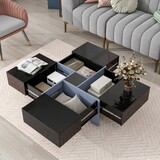 ON-TREND Unique Design Coffee Table with 4 Hidden Storage Compartments, Square Cocktail Table with Extendable Sliding Tabletop, UV High-gloss Design Center Table for Living Room, 31.5