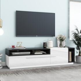 ON-TREND Two-tone Design TV Stand with Silver Handles, UV High-Gloss Media Console for TVs Up to 70", Chic style TV Cabinet with Spacious Storage Space for Living Room, White