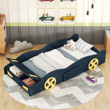 Twin Size Race Car-Shaped Platform Bed with Wheels and Storage, Dark Blue+Yellow WF305759AAC