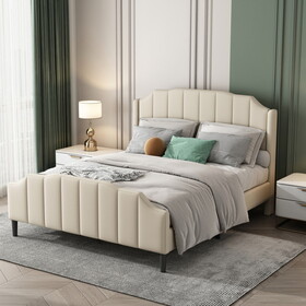 Queen Size Upholstered Platform Bed with Headboard and Footboard,No Box Spring Needed, Velvet Fabric,Beige