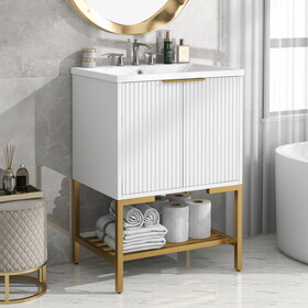 24" Bathroom Vanity with Sink, Bathroom Vanity Cabinet with Two Doors and Gold Metal Frame, Open Storage Shelf, White WF306257AAK
