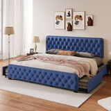 Upholstered Platform Bed Frame with Four Drawers, Button Tufted Headboard and Footboard Sturdy Metal Support, No Box Spring Required, Blue, King (Old sku: BS300277AAC)