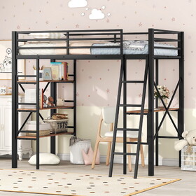 Twin Size Metal Loft Bed with Shelves and Desk, Black (Old SKU: MF297077AAB) WF306849AAB