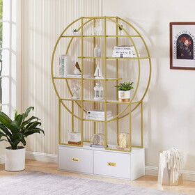 70.8 inch Round Office Bookcase Bookshelf, Display Shelf, Two Drawers, Gold Frame WF306850AAG