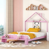 Full Size Wood Platform Bed with House-shaped Headboard and Footboard Bench,Pink
