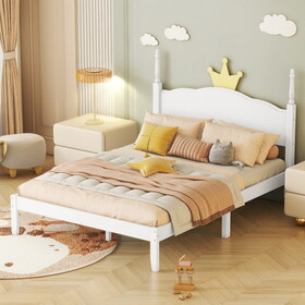 Full Size Wood Platform Bed with Crown Shaped Headboard, White WF307260AAK
