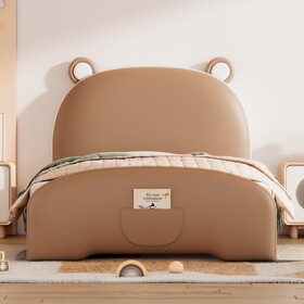 Twin Size Upholstered Platform Bed with Bear-shaped Headboard and Footboard,Brown+White