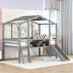 Twin Size Loft Bed with Ladder and Slide, House Bed with Blackboard and Light Strip on the Roof, Gray WF307450AAE