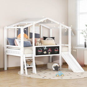 Twin Size Loft Bed with Ladder and Slide, House Bed with Blackboard and Light Strip on the Roof, White WF307450AAK