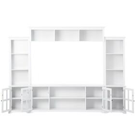 ON-TREND Minimalism Style Entertainment Wall Unit with Bridge, Modern TV Console Table for TVs Up to 70", Multifunctional TV Stand with Tempered Glass Door, White WF307880AAK