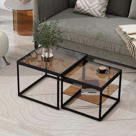 ON-TREND Modern Nested Coffee Table Set with High-low Combination Design, Brown Tempered Glass Cocktail Table with Metal Frame, Length Adjustable 2-Tier Center&End Table for Living Room, Black