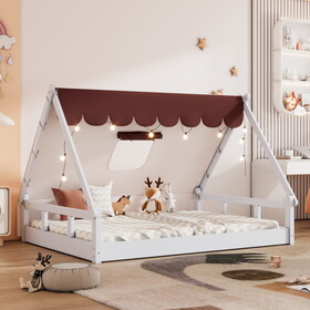 Wooden Full Size Tent Bed with Fabric for Kids,Platform Bed with Fence and Roof, White+Brown