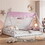 Wooden Full Size Tent Bed with Fabric for Kids,Platform Bed with Fence and Roof, White+Pink WF308364AAH