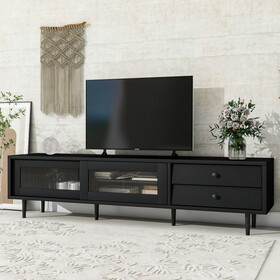 ON-TREND Chic Elegant Design TV Stand with Sliding Fluted Glass Doors, Slanted Drawers Media Console for TVs Up to 75", Modern TV Cabinet with Ample Storage Space, Black
