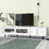 ON-TREND Chic Elegant Design TV Stand with Sliding Fluted Glass Doors, Slanted Drawers Media Console for TVs Up to 75", Modern TV Cabinet with Ample Storage Space, White WF308423AAK