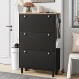 ON-TREND Narrow Design Shoe Cabinet with 3 Flip Drawers, Wood Grain Pattern Top Entryway Organizer with 3 Hooks, Free Standing Shoe Rack with Adjustable Panel for Hallway, Black