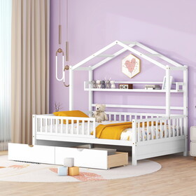 Wooden Full Size House Bed with 2 Drawers,Kids Bed with Storage Shelf, White