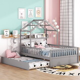 Wooden Full Size House Bed with Trundle,Kids Bed with Shelf,Grey