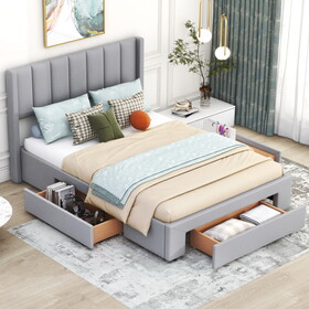 Queen Size Upholstered Platform Bed with One Large Drawer in the Footboard and Drawer on Each Side,Gray WF309316AAE