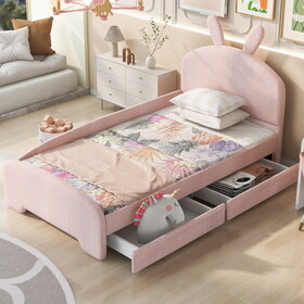 Twin Size Upholstered Platform Bed with Cartoon Ears Shaped Headboard and 2 Drawers, Pink