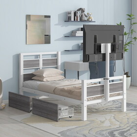 Twin Size Metal Platform Bed with MDF Headboard and Footboard,Two Storage Drawers and Rotatable TV Stand,White