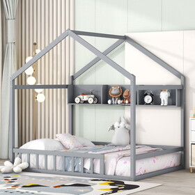 Wooden Full Size House Bed with Storage Shelf,Kids Bed with Fence and Roof, Gray