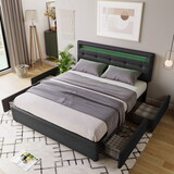 Bed Frame Full Size, Upholstered Platform Bed Frame with 4 Storage Drawers and LED Lights & Adjustable Headboard,No Box Spring Needed,Grey