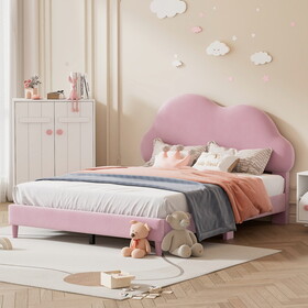 Full size Upholstered Cloud-Shape Bed,Velvet Platform Bed with Headboard,No Box-spring Needed,Pink