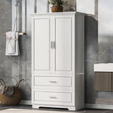 Tall Bathroom Storage Cabinet, Cabinet with Two Doors and Drawers, Adjustable Shelf, MDF Board, White WF310828AAK