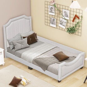Twin Size Upholstered Platform Bed with Nailhead Trim Decoration and Guardrail, Beige WF310967AAA
