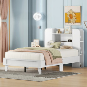 Twin Size Platform Bed with Storage Headboard,Multiple Storage Shelves on Both Sides,White WF310979AAE