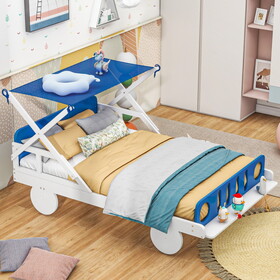 Wood Twin Size Car Bed with Ceiling Cloth, Headboard and Footboard, White+Blue WF310986AAK