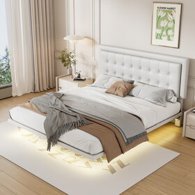 Queen Size Floating Bed Frame with Motion Activated Night Lights,PU Upholstered Button Tufted Platform Bed Frame,White