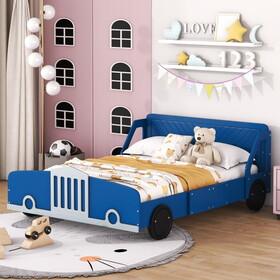 Full Size Car-Shaped Platform Bed with Wheels,Blue