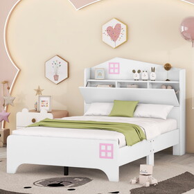 Wooden Twin Size House Bed with Storage Headboard,Kids Bed with Storage Shelf, White WF311841AAE
