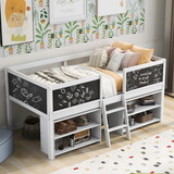 Twin Size Low Loft Bed with Two Movable Shelves and Ladder, with Decorative Guardrail Chalkboard, White WF312180AAK