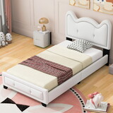 Twin Size Upholstered Platform Bed with Carton Ears Shaped Headboard, White WF313159AAH