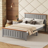 Full Size Wood Platform Bed Wooden Slat Support, Vintage Simple Bed Frame with Rectangular Headboard and Footboard, Grey P-WF313317AAE