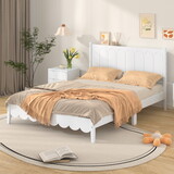 Full Size Wood Platform Bed Frame, Retro Style Bed with Rectangular Headboard,No Need Box Spring,White