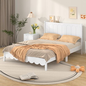Full Size Wood Platform Bed Frame, Retro Style Bed with Rectangular Headboard,No Need Box Spring,White