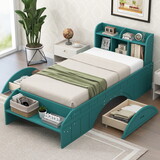 Wood Twin Size Platform Bed with 2 Drawers, Storage Headboard and Footboard, Dark Green P-GX001616AAF