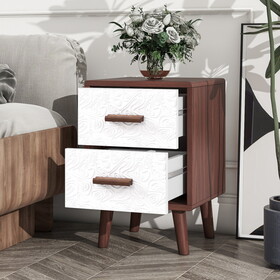 U-Can Square End Table Side Table with 2 Drawers Adorned with Embossed Patterns for Living Room, Hallway, Brown+White SJ000115AAD